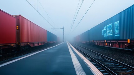 Naklejka premium Electric rail freight, digital cargo management, industrial backdrop, foggy day