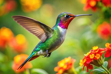 Fototapeta premium Close-Up Of A Colorful Hummingbird Hovering Near A Vibrant Flower Amidst Lush Greenery