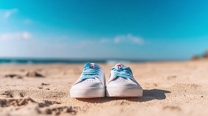 Naklejka premium lonely vacation, a single pair of shoes left on a deserted sandy beach, with the ocean and sky in the background
