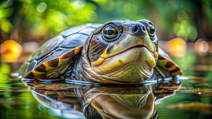 Close-Up Of A Kwangtung River Turtle In Water With Its Eyes Closed, Showing Its Head, Shell, And Flippers.