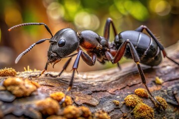 Close-Up Of A Large, Velvety-Black Bear Ant Foraging On A Tree