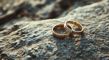 timeless pair of gold wedding rings on a stone, elegant and romantic jewelry symbolizing a couple's love and lifelong commitment