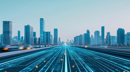 Electric urban commuter, digital smart city map, bustling streets, clear sky