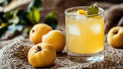 Fototapeta premium A close-up of a glass of quince alcohol drink on a canvas background, with ripe quince fruits placed nearby, showcasing the natural, fruity flavors of the drink