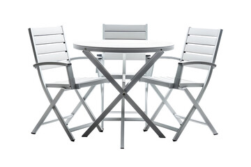Set of white wooden table and chairs isolated on transparent background, for dining outdoor in garden at home.	
