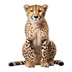 Portrait of a cheetah sitting, isolated on transparent background, cut out