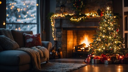 Christmas Tree with Decorations Near a Fireplace with Lights