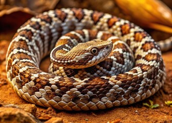 Naklejka premium Close-Up Of A Striking Mang Mountain Viper Snake With Brown, Black, And White Geometric Patterns Coiled And Posed Defensively.