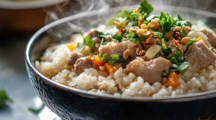 A close-up of a steaming bowl of homemade boiled rice with pork, garnished with sliced ginger, fresh herbs, and fried garlic, the comforting aroma of the dish filling the air