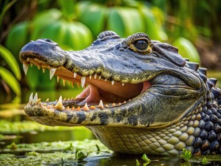 Obraz premium Close-Up Of An Alligator'S Head With Sharp Teeth And A Menacing Expression In A Swampy Green Environment