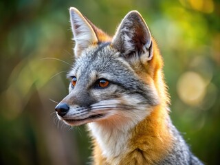 Close-Up Of An American Gray Fox With Its Head Turned And Ears Alert, Set Against A Blurred Natural Background.