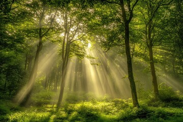 Fototapeta premium Majestic Forest Canopy: Lush Green Trees Under Sunlight in Untouched Wilderness
