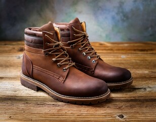 Pair of Stylish Brown Leather Men's Boots on Rustic Wooden Background - Fashion Footwear for Autumn and Winter Seasons