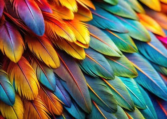 Fototapeta premium Close-Up Photograph Of Intricate And Colorful Bird Feathers, Showcasing Their Delicate Structure And Vibrant Hues