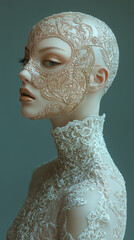 bald-headed white woman, wearing a high-fashion lace dress and detailed face mask