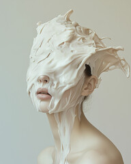 Close-up woman head profusely covered by white cream all over her face and head, surreal art, neutral background