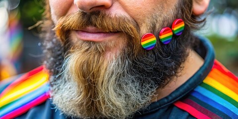 Close-Up Shot Of A Person With A Beard And Rainbow Pins, Symbolizing Their Lgbtq+ Pride And Identity.