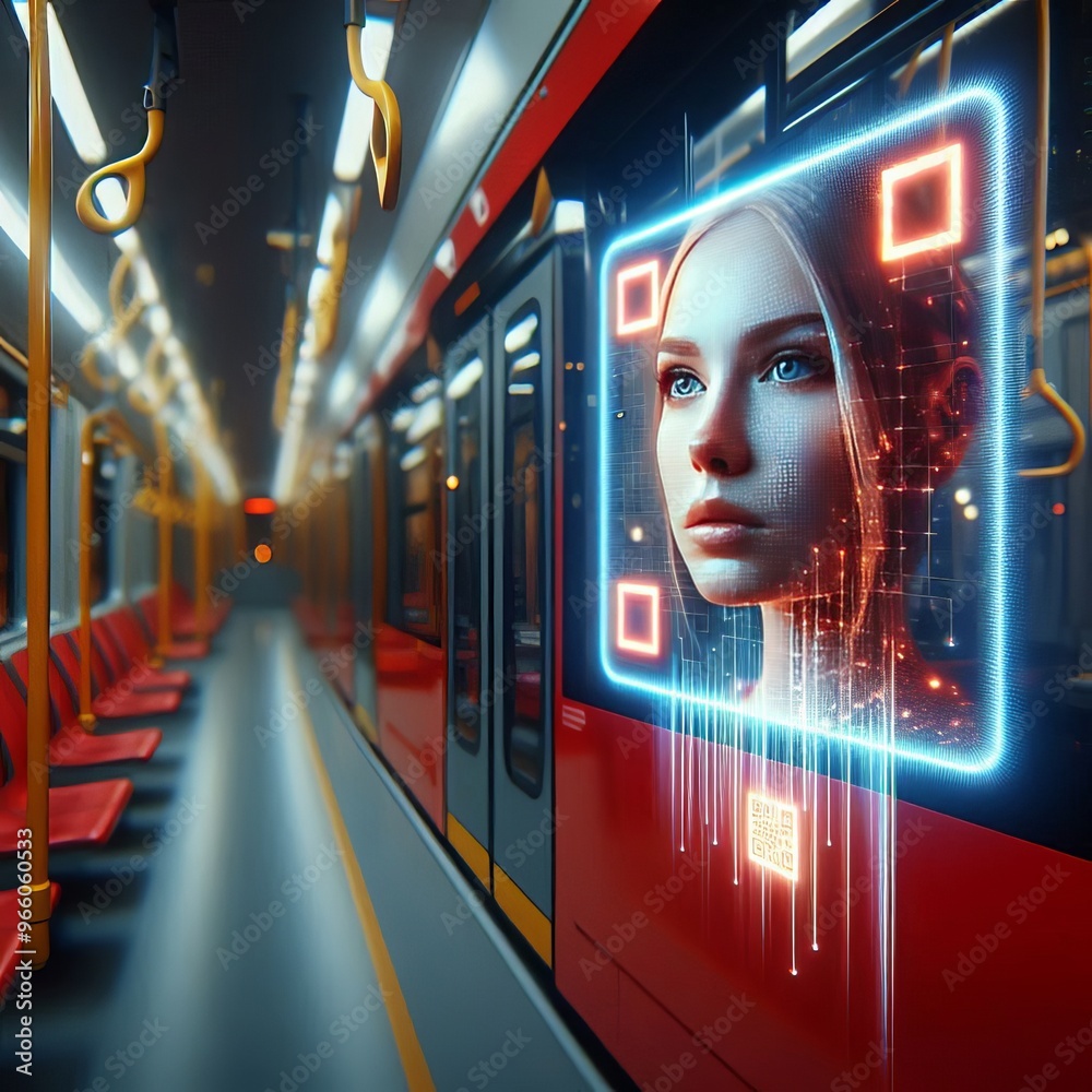 Wall mural glowing qr code a close up of a glowing qr code on a red tram w