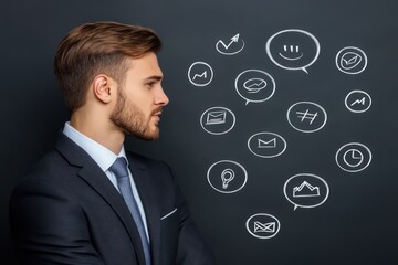 side portrait of a man in a suit standing next to a chalkboard with painted icons