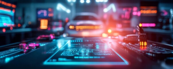 Obraz premium Holographic vehicle diagnostics, smart workshop, digital screens, futuristic tools