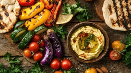 A flat-lay of a colorful Mediterranean meal with grilled vegetables, pita bread, and hummus, beautifully composed on a rustic wooden table, showcasing balance and flavor