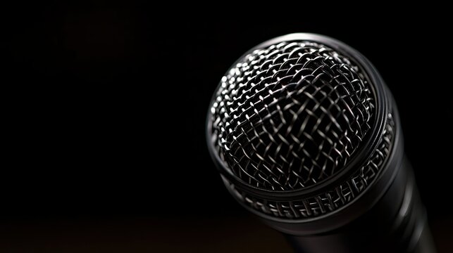 A dynamic close-up of a microphone head, capturing the fine details of the grille, with a dramatic black background, representing live sound and vocal clarity