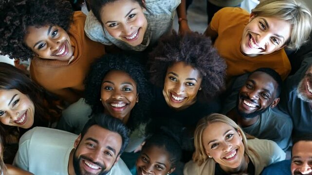 A group of people of different ages and ethnicities look up and smile at the camera, showcasing diversity and unity, view from above