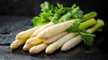 Freshly harvested white asparagus with mint leaves arranged on a dark background