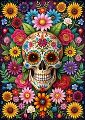 Festive Skull Background for Day of the Dead Celebrations with Beautiful Floral Accents