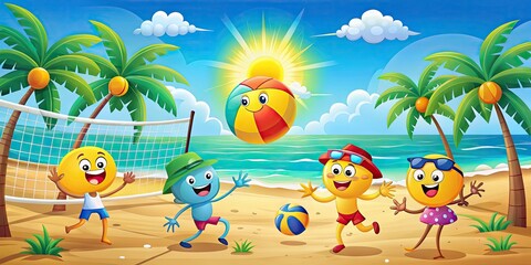 Colorful cartoon illustration of a sunny beach scene featuring anthropomorphic beach balls and...