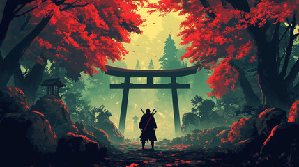 Fototapeta premium anime-style digital painting illustration of samurai warrior silhouette standing next to Torii Gate in dark mystical forest woods