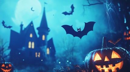A Halloween event with a blue background. Incorporate spooky and festive visuals like pumpkins, bats, ghosts, or haunted houses.