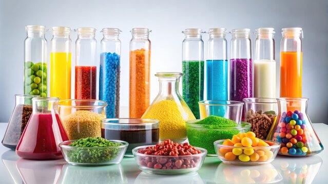Colorful Food Additives And Preservatives Arranged Against A White Backdrop In A Laboratory Setting