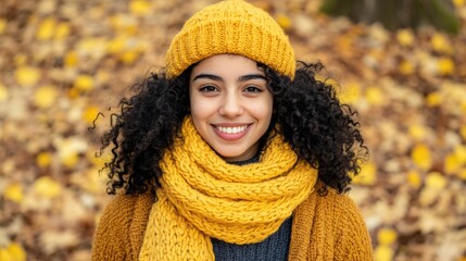 Cheerful young woman in yellow knit hat and scarf smiles warmly amidst autumn leaves in a park during sunny weather