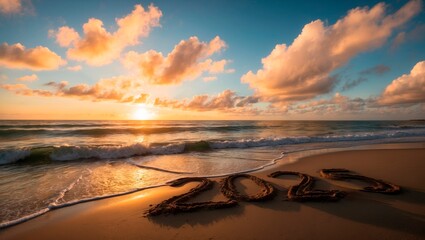 Obraz premium 2025 written in sand at sunset
