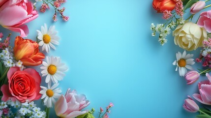 Obraz premium An advertisement sign related to flowers with a blue background. Feature vibrant and colorful floral visuals, including different types of flowers like roses, tulips, or daisies.