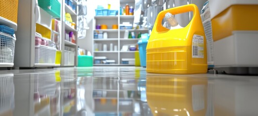 A bright and tidy storage area filled with colorful cleaning supplies and tools arranged neatly on shelves in a well-lit environment