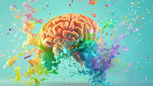 A colorful brain design erupts with vibrant splashes, symbolizing creativity and imagination in a striking blue backdrop