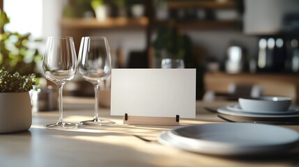 A white advertising sign placed on a dining table, promoting a special offer. 