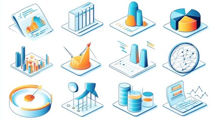 Vector illustrations of data analysis icons with a duo-tone color scheme,