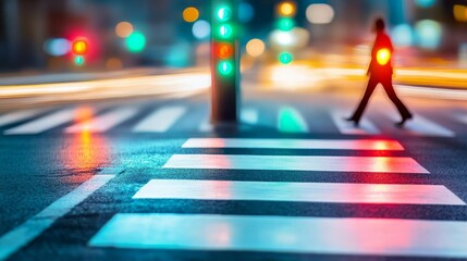 Fototapeta premium Smart pedestrian crosswalk, digital safety signals, night street view, motion blur