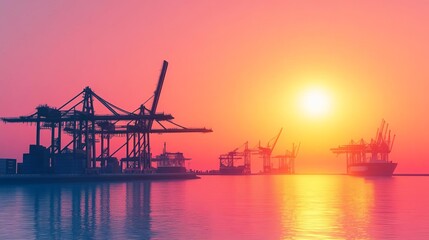 Obraz premium Smart port logistics, digital tracking screens, high-tech cranes, sunset hues