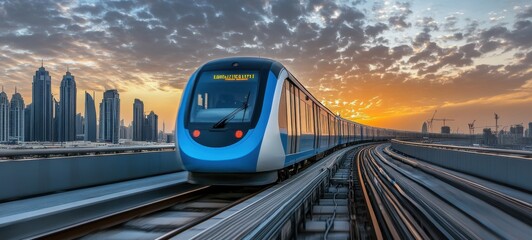 Sunset view of a modern train on elevated tracks with Dubai skyline in the background during a vibrant evening