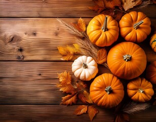 Thanksgiving Day Autumn Pumpkins on Rustic Wooden Background, Carved Halloween Decorations, Seasonal Harvest, Autumn Leaves, Cozy Festive Setting