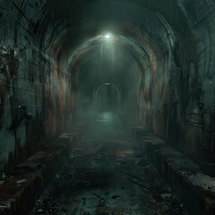 Eerie dark underground tunnel with misty atmosphere, illuminated by a single overhead light, creating a haunting and mysterious scene.