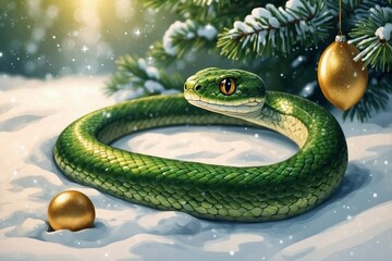 Fototapeta premium Cute Minimalist Cartoon Green Snake Against a Christmas Tree Background