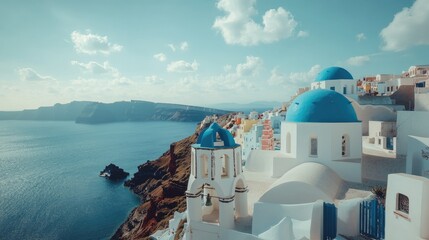 A high-angle shot of the blue-domed Orthodox Church in Oia, Santorini, surrounded by charming white buildings, with the sea and cliffs in the background