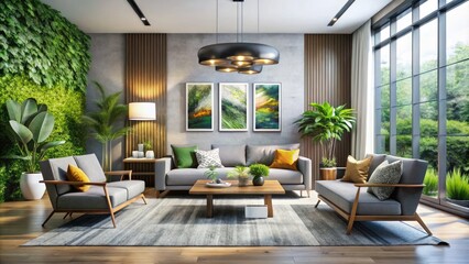 Fototapeta premium Contemporary Living Room Interior With Stylish Furniture, Modern Artwork, And A Touch Of Greenery, Showcasing Key Design Trends Of 2018.