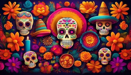 Fototapeta premium Vibrant Illustration of Mexican Day of the Dead A Colorful Celebration