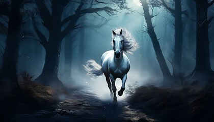 White Horse Running Through a Dark Misty Forest at Night with Spooky Atmosphere Perfect for Halloween and Gothic Themes HD Wallpaper